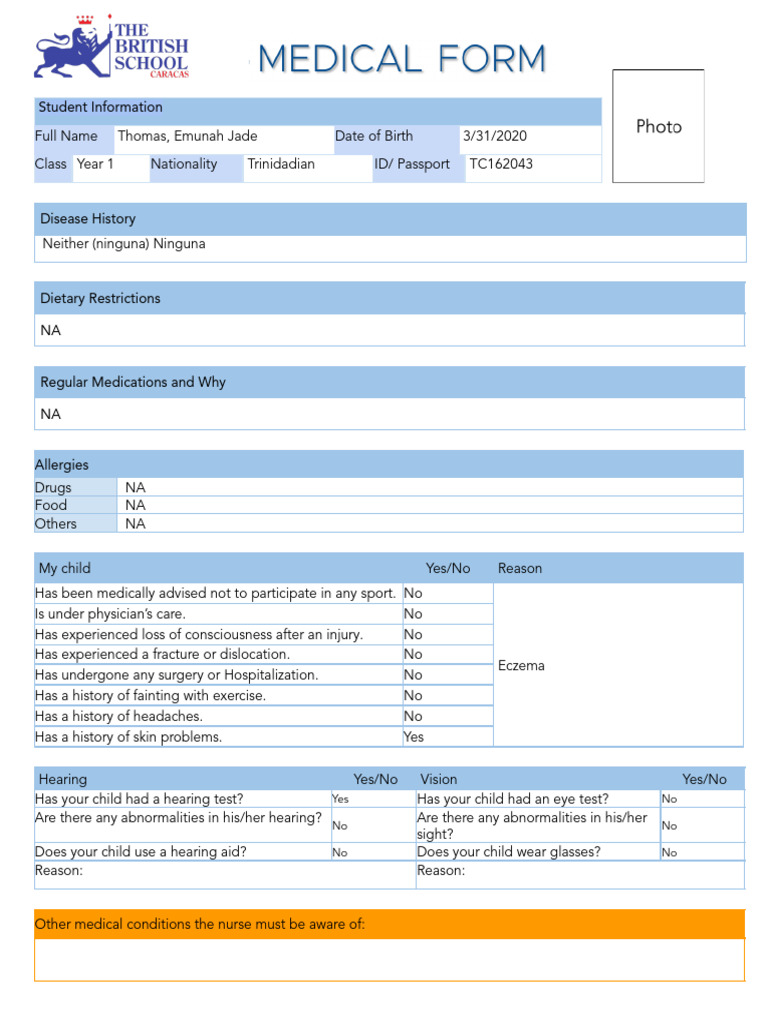 Student Medical Information Form | PDF | Health Sciences | Diseases And ...
