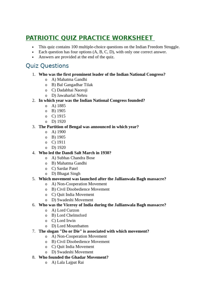 Indian Freedom Struggle Quiz PDF | PDF | Indian Independence Movement ...