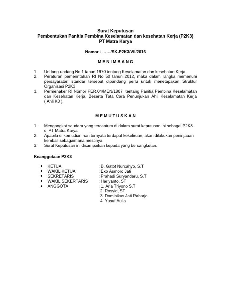 SK Pembentukan P2K3 PT Matra Karya | PDF