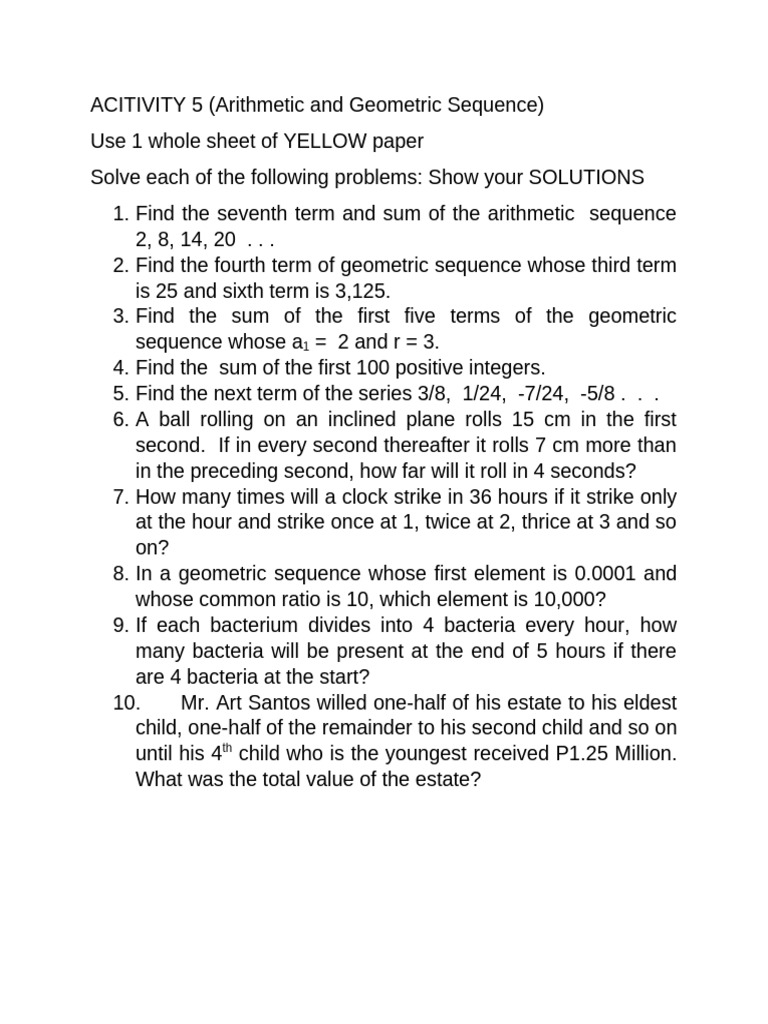 Gen Math ACITIVITY 5 Arithmetic and Geometric Sequence | PDF