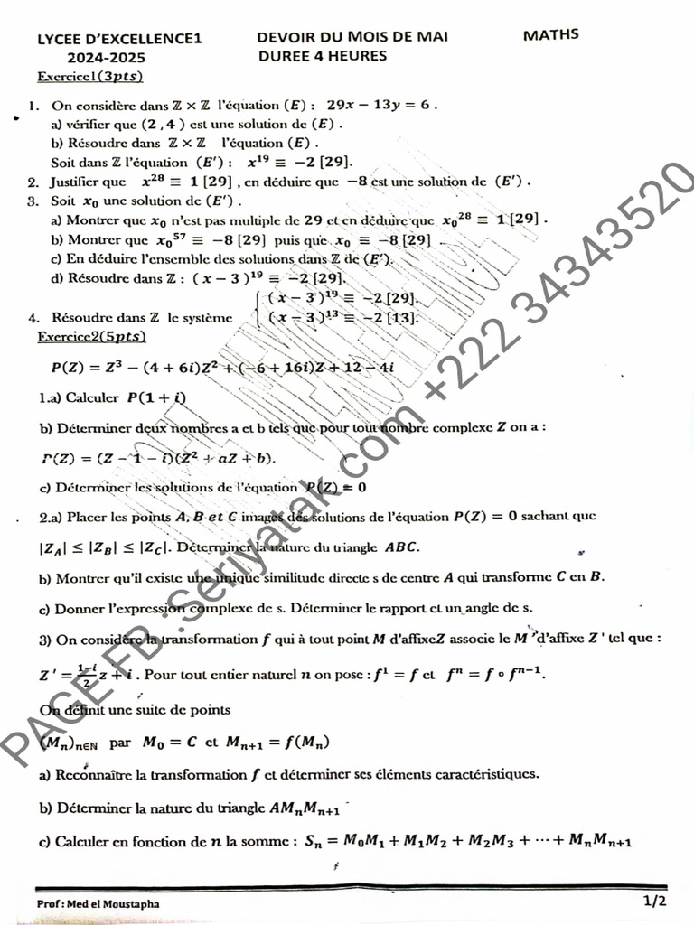 Devoir MATHS 7C LYCÉE D'EXCELLENCE 1 2024-2025 - 250519 - 180700 | PDF