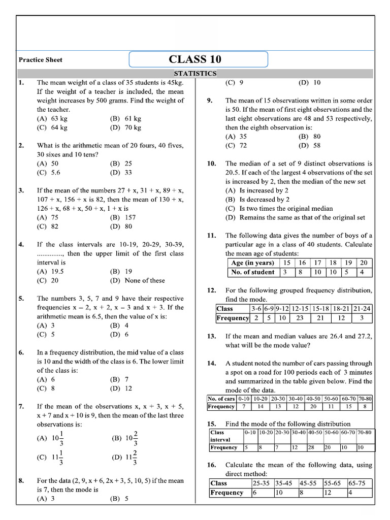 Statistics Practice Sheet Class 10 CBSE | PDF