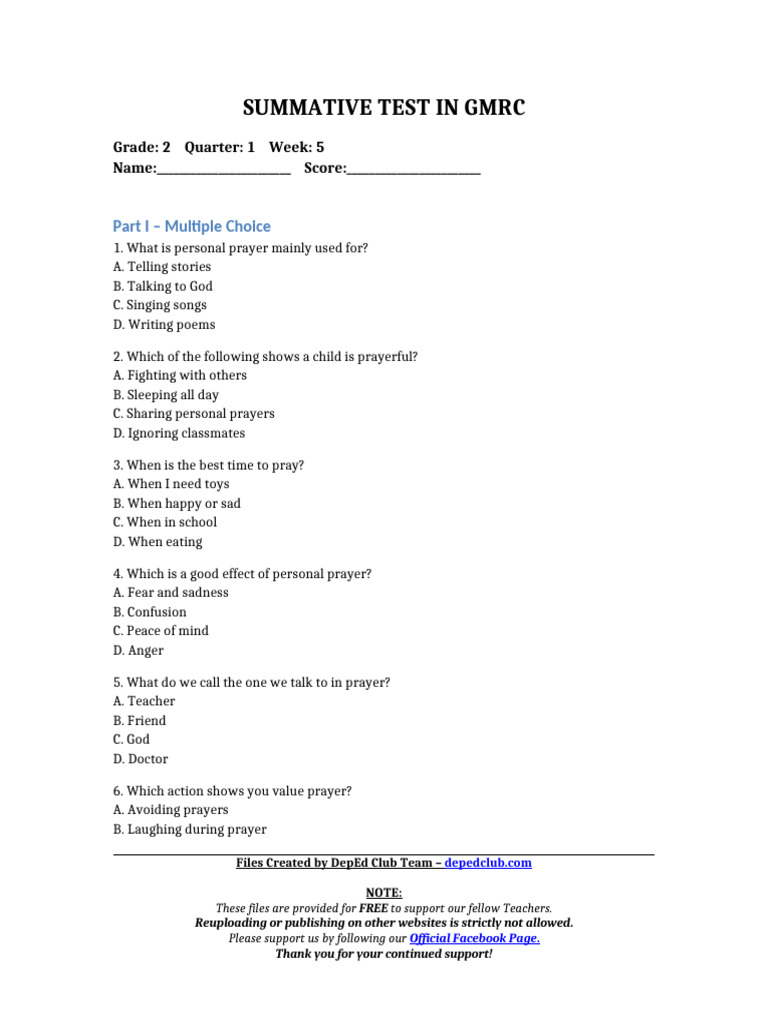 GMRC Grade 2 Quarter 1 Summative Test | PDF | Prayer