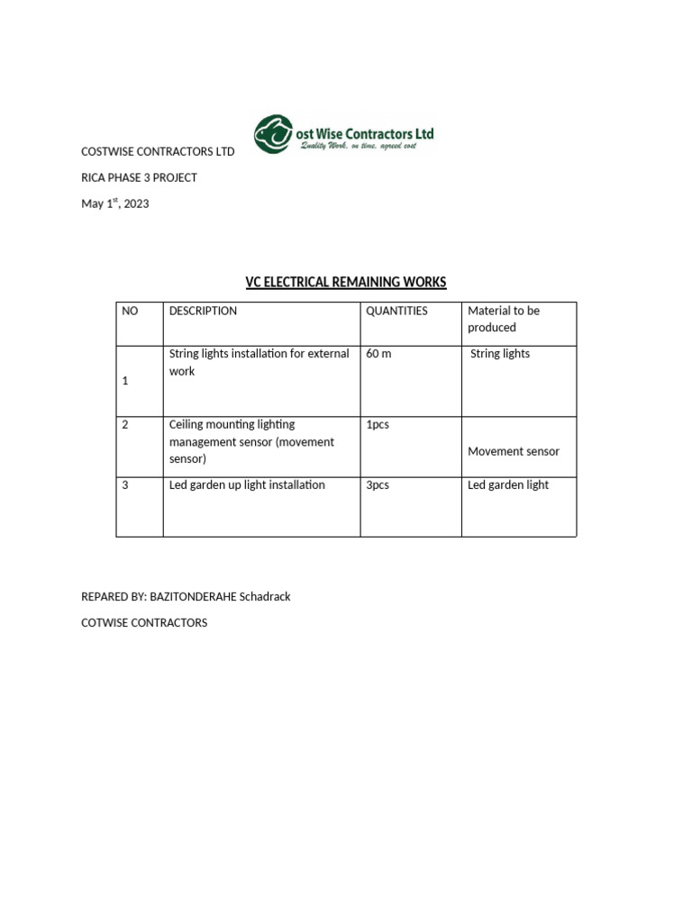 RICA Phase 3: VC Electrical Works | PDF