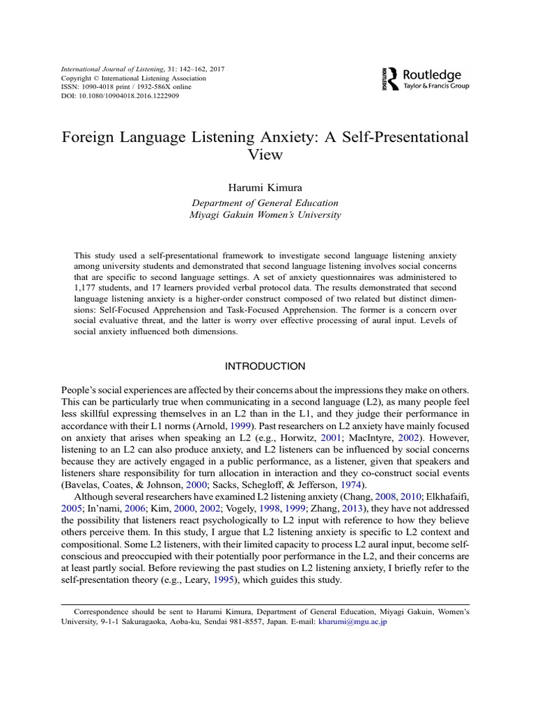 Foreign Language Listening Anxiety Self Presetational View | PDF ...