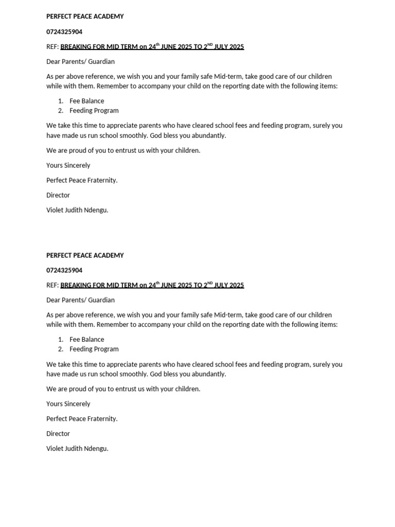 Perfect Peace Mid Term Break | PDF
