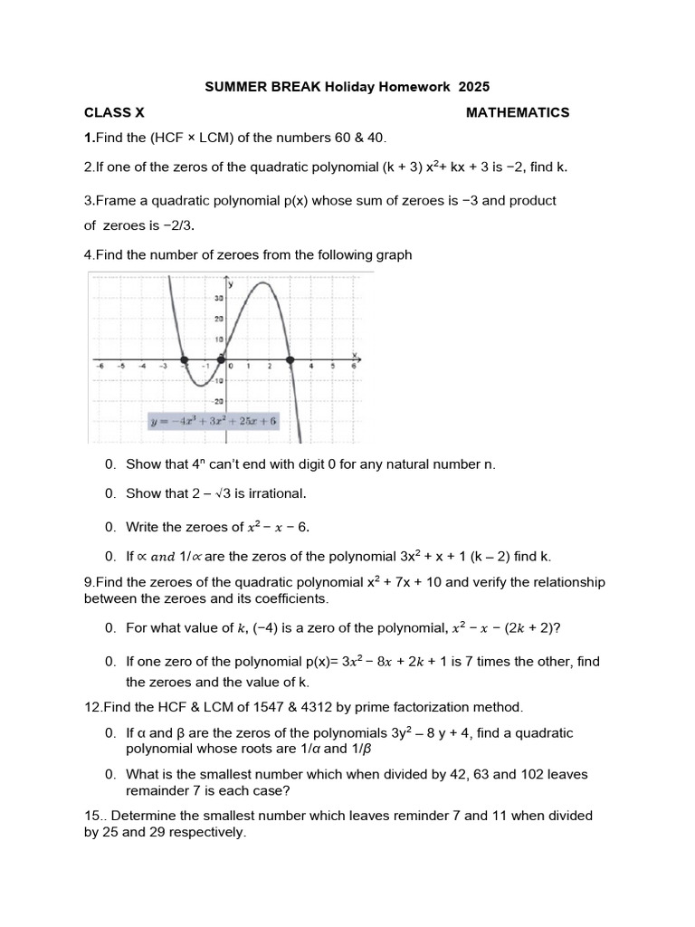Maths - Summer Break Holiday Homework Class-X | PDF | Numbers | Polynomial