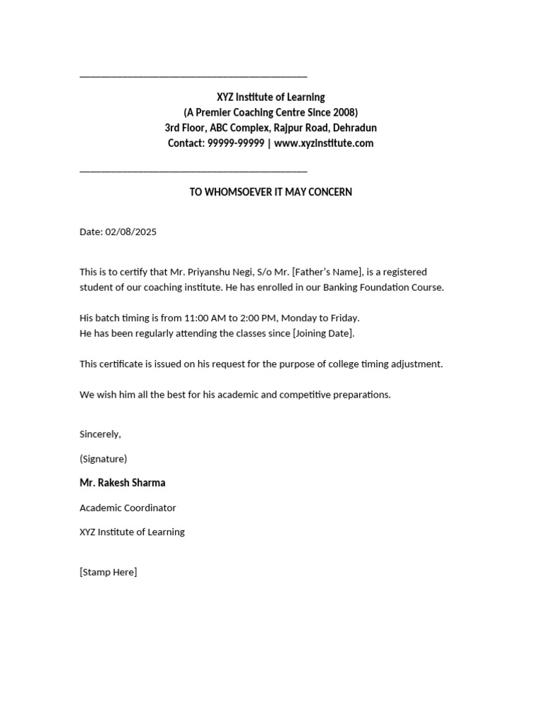 Student Enrollment Certificate - XYZ Institute | PDF