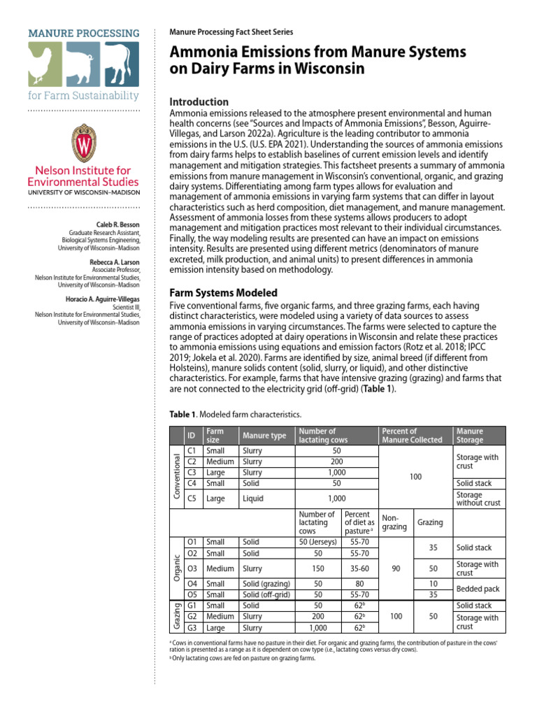 Ammonia Emissions From Manure Systems On Dairy Farms in Wisconsin | PDF ...