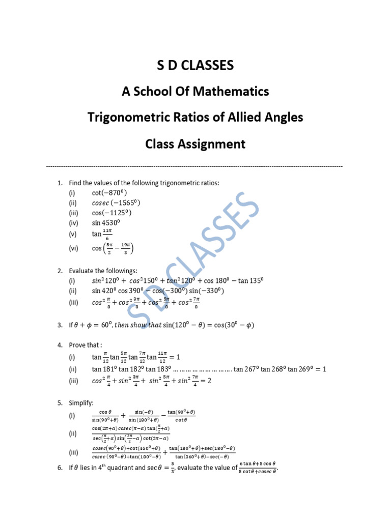 Trigonometric Ratios of Allied Angles | PDF | Trigonometry | Elementary ...