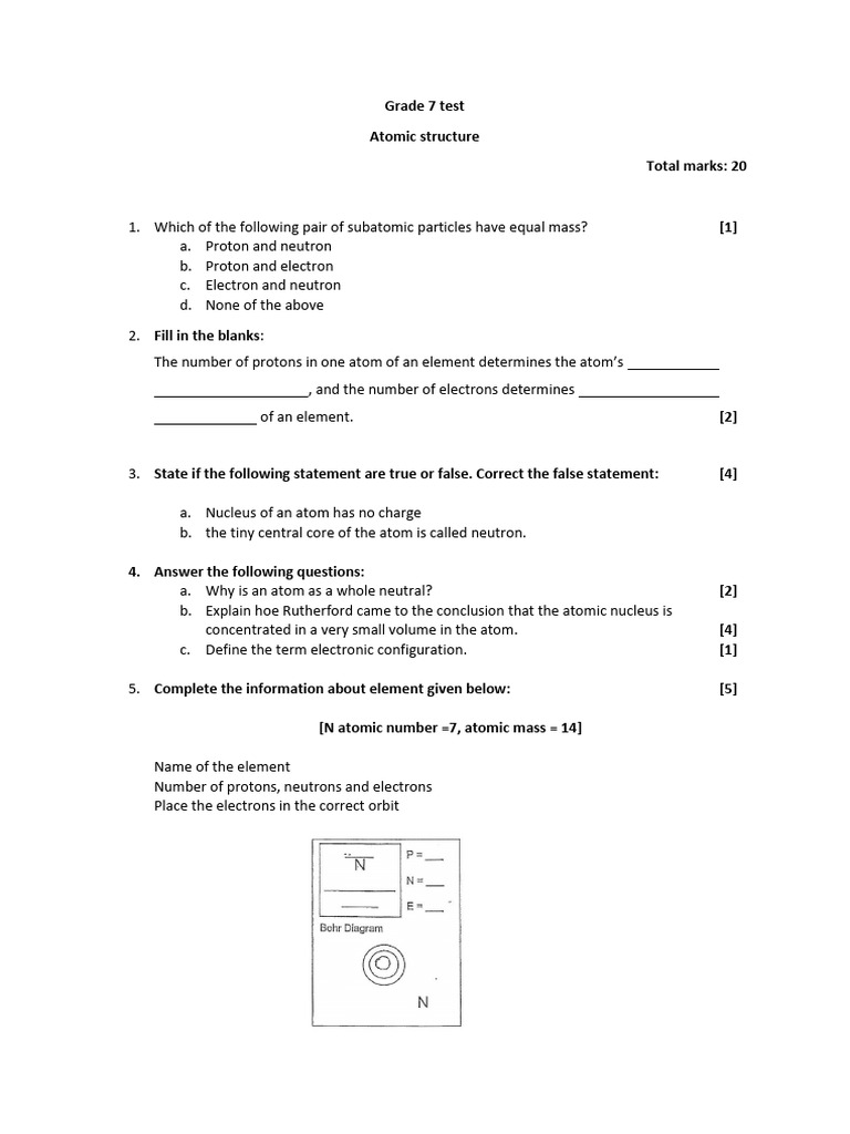 Grade 7 Atomic Structure Test | PDF