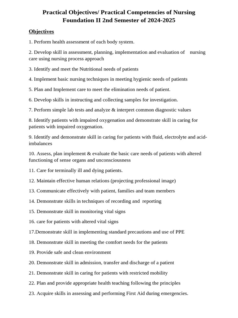 Clinical Objectives for 2nd Year Nursing | PDF