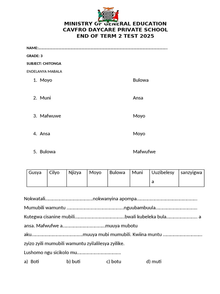 Chitonga End of Term 2 Test 2025 | PDF | Chess Theory | Chess