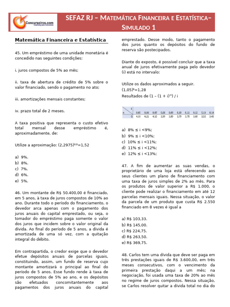 Simulado de Matemática Financeira e Estatística | PDF | Juros | Empréstimos