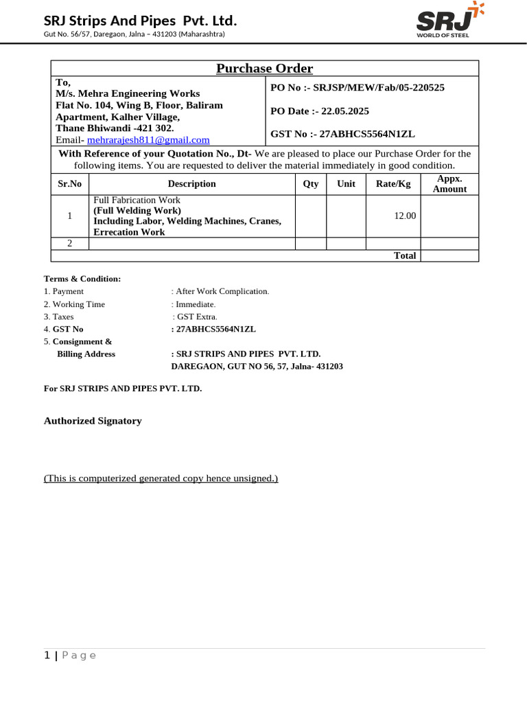 SRJ Strips and Pipes Purchase Order | PDF