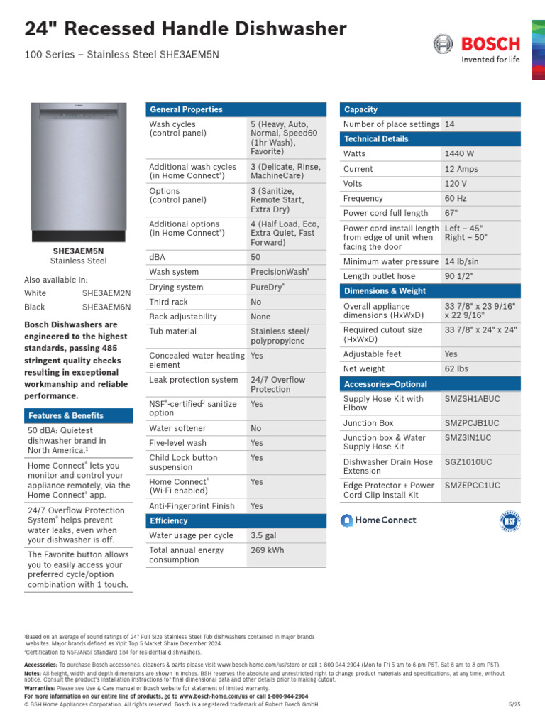 Bosch SHE3AEM5N Dishwasher Specs | PDF | Dishwasher