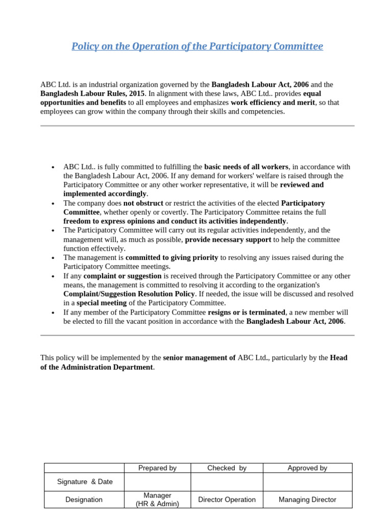 ABC Ltd. Participatory Committee Policy | PDF
