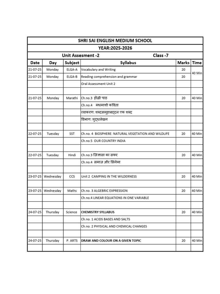 7th Class Timetable | PDF