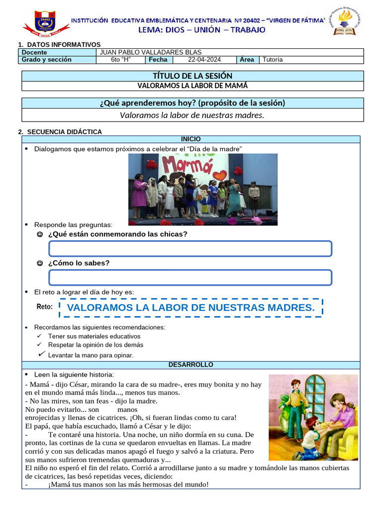 Valoramos la Labor de Mamá en Tutoría | PDF