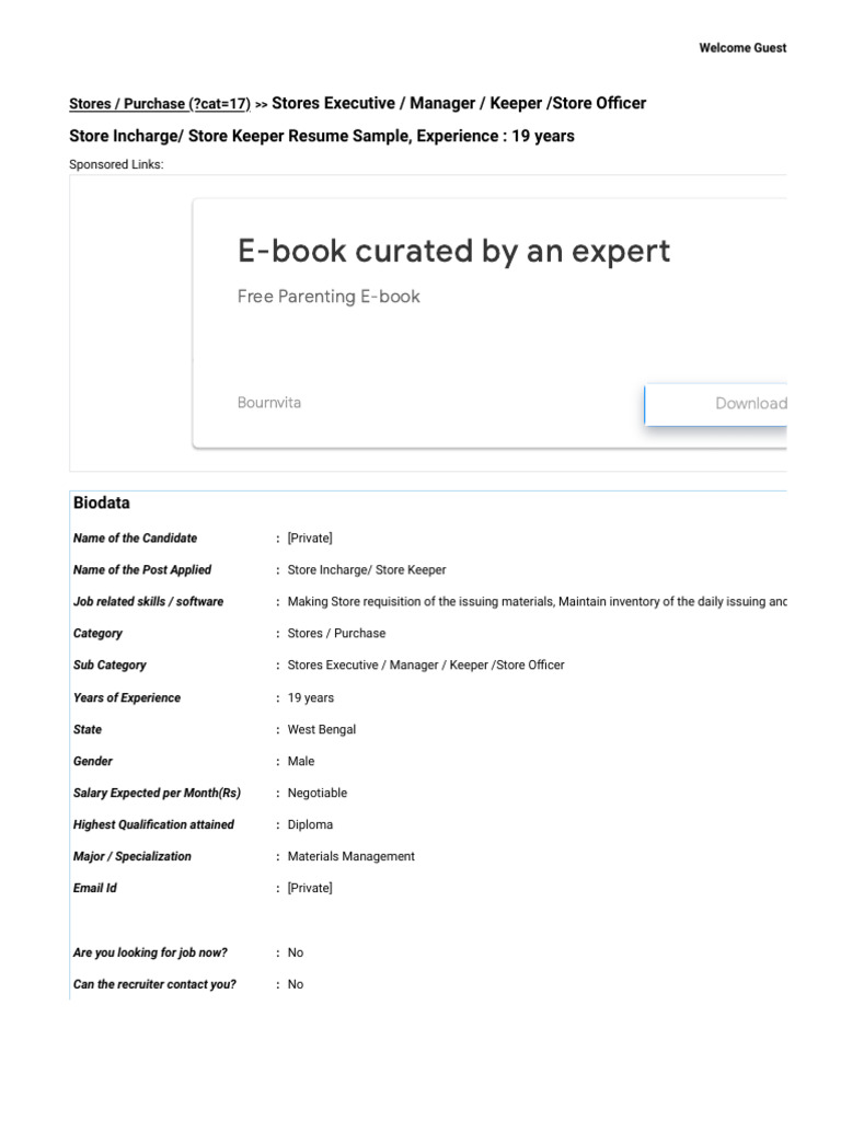 Store Keeper Resume Sample | PDF | Inventory | Audit