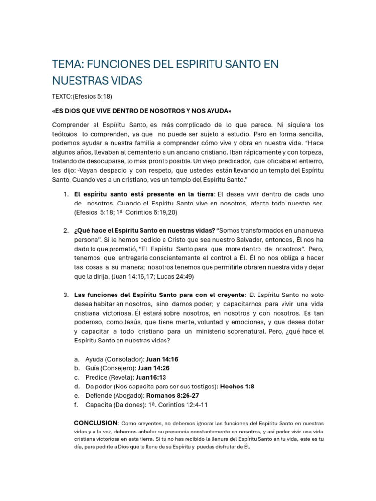 Funciones del Espíritu Santo en nosotros | PDF | espíritu Santo ...