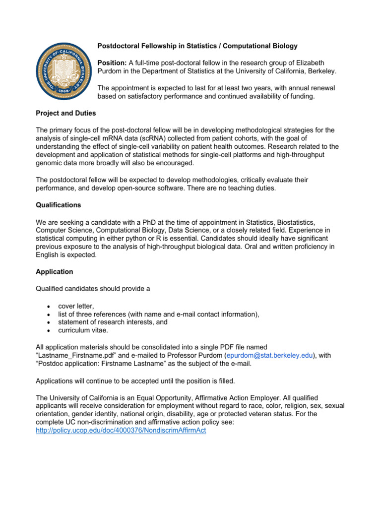 Postdoc in Statistics for Single-Cell Analysis | PDF | Statistics