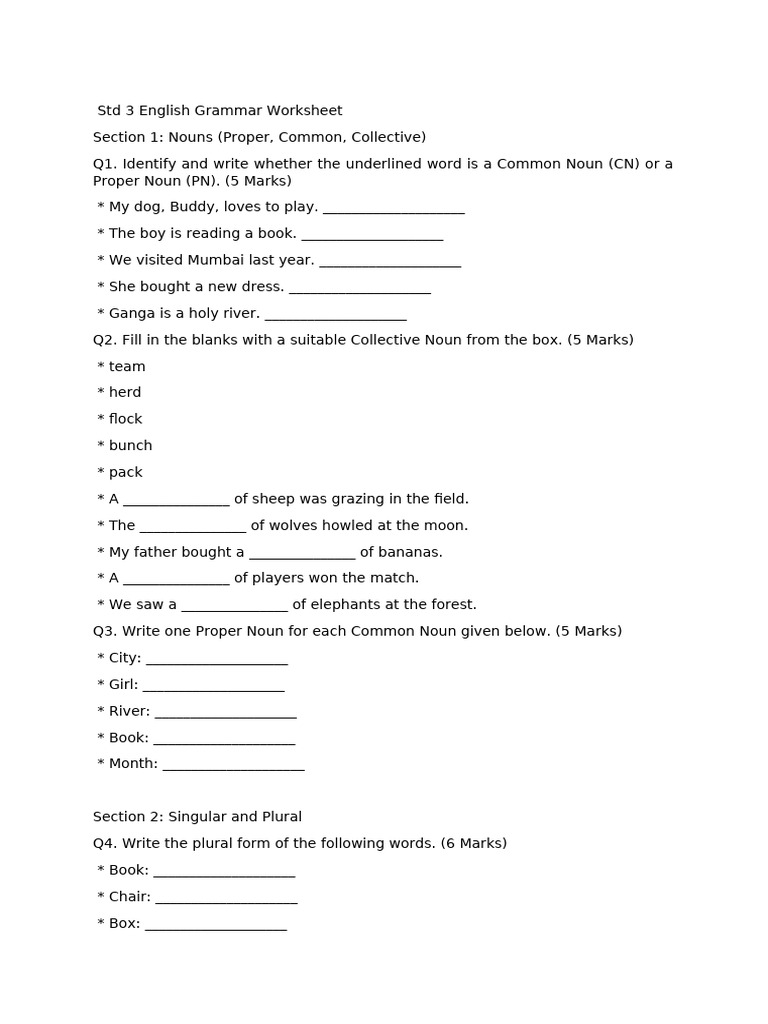 Std 3 English Grammar Worksheet | PDF