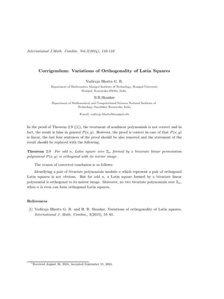 Corrigendum Variations of Orthogonality of Latin Squares | PDF