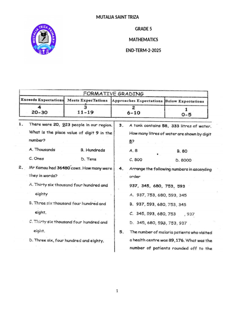 Primary Grade 5 Mathematics End Term 2 2023 | PDF