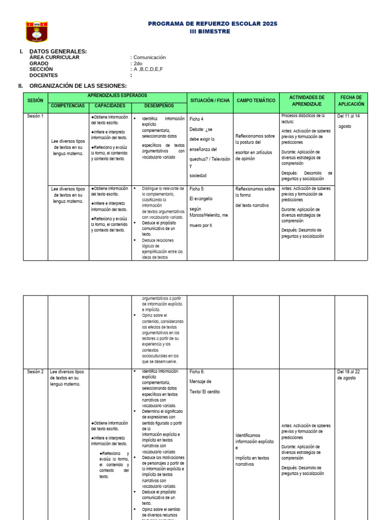 Plan_de_refuerzo de 2do de Secundaria 2025 III Bimestre | PDF ...