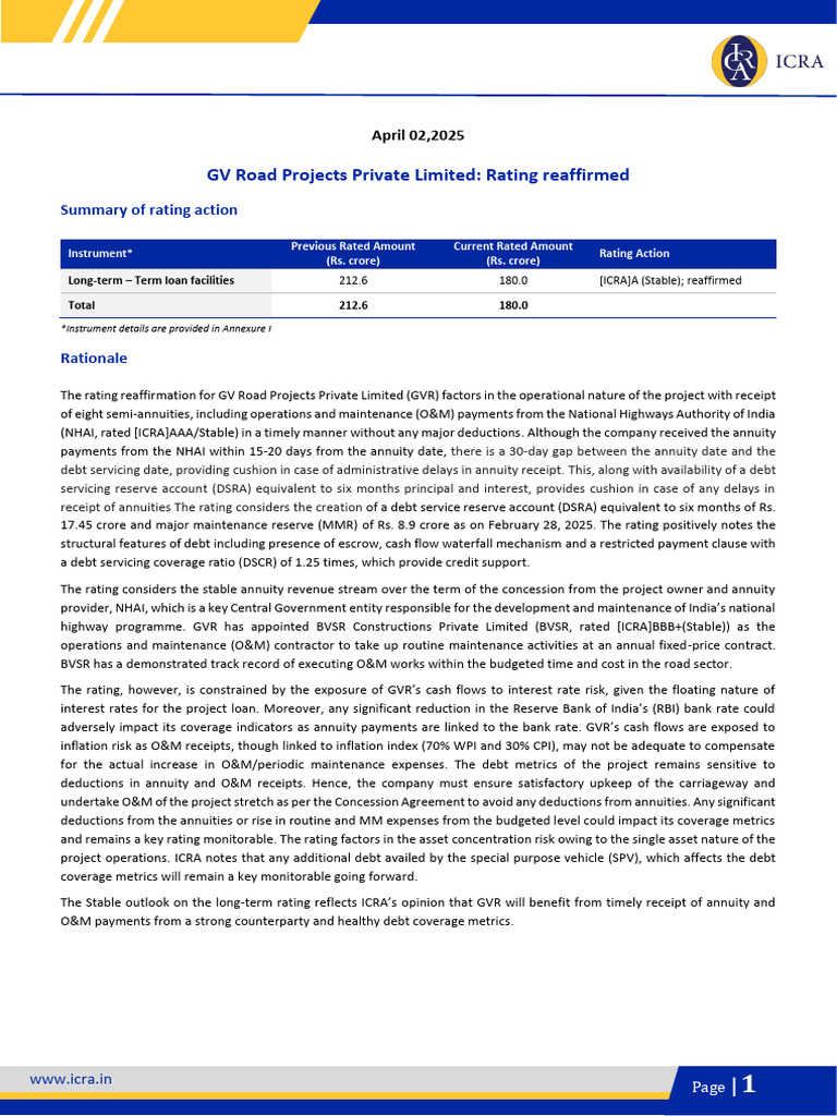 GV Road Projects Rating Reaffirmed by ICRA | PDF | Debt | Interest