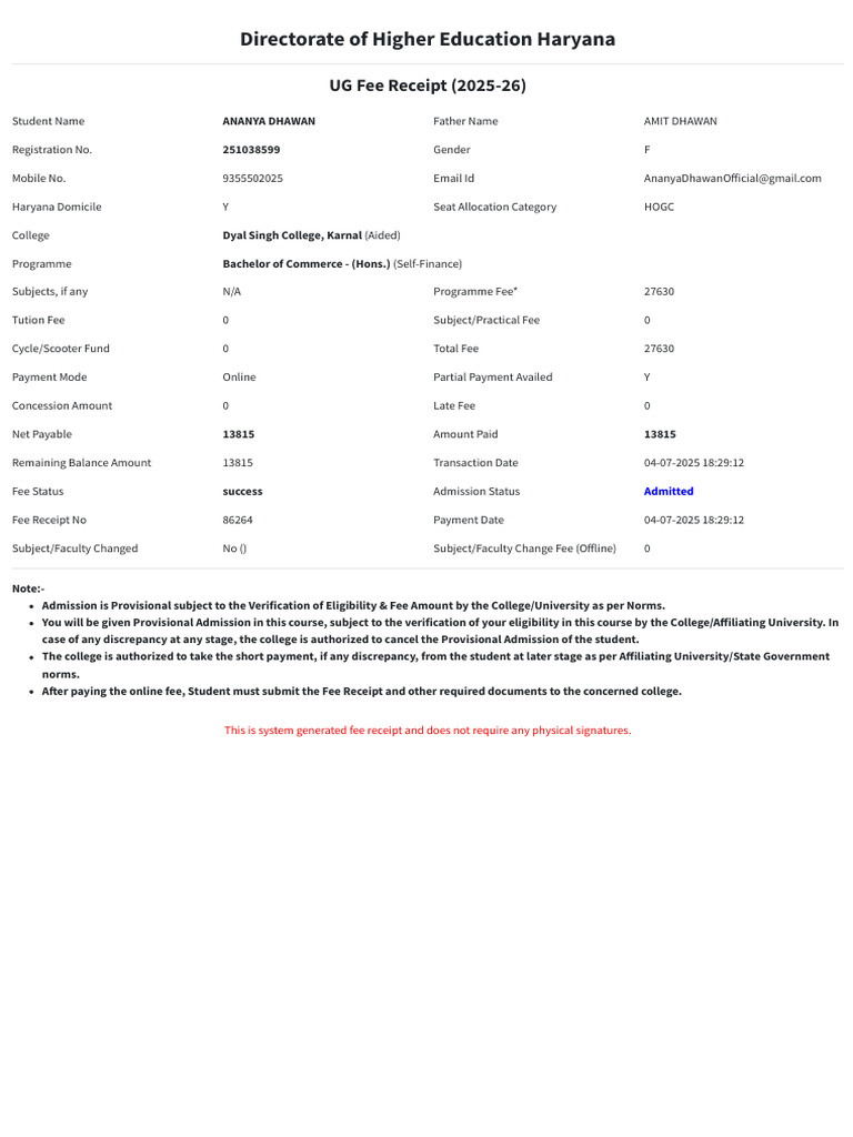 Ananya Fee Receipt Online Admission | PDF | Receipt | Payments