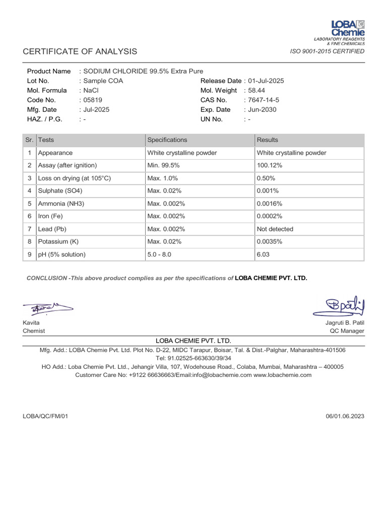 Sodium Chloride 99.5% COA Document | PDF