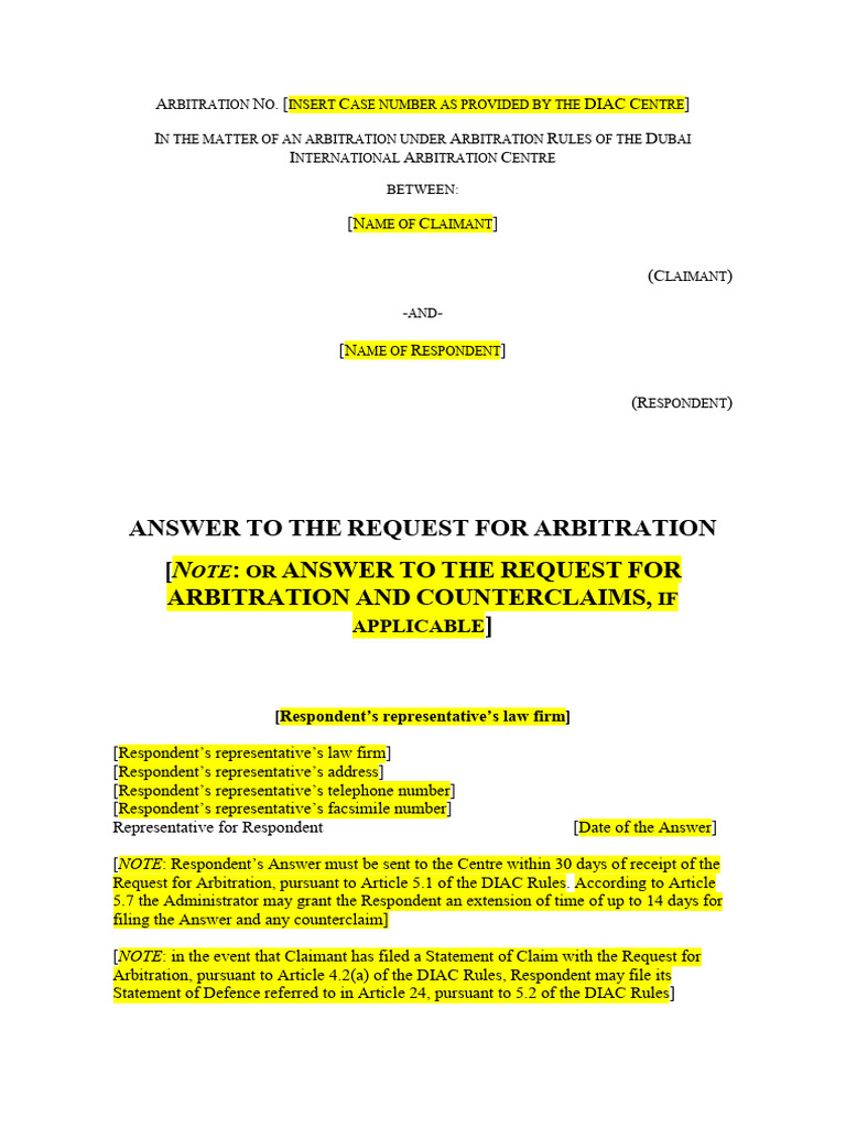 Respondent's Answer to Arbitration Request | PDF | Arbitral Tribunal ...