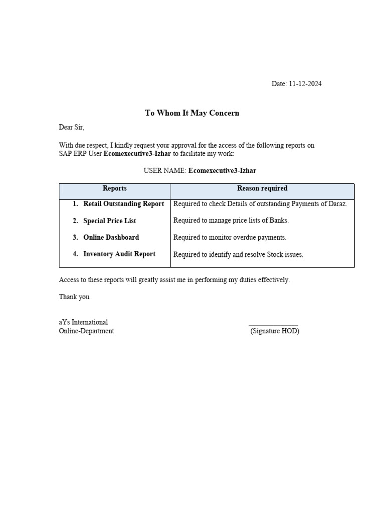 Request for SAP ERP Report Access | PDF