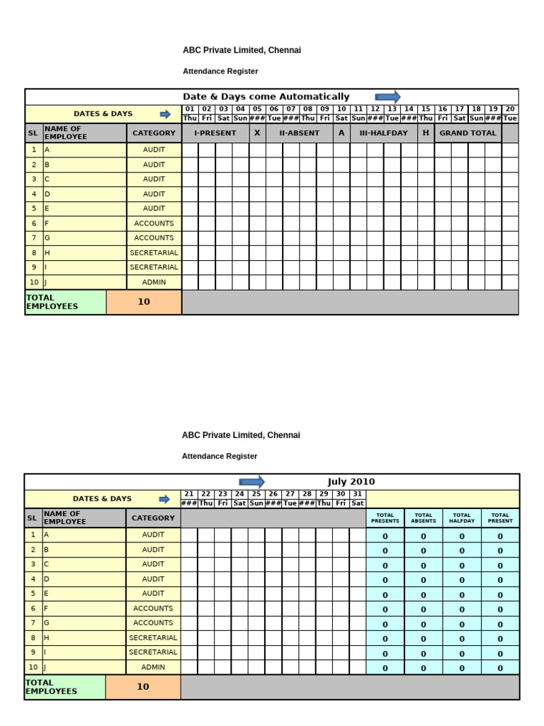 Attendance Register for Employees | PDF