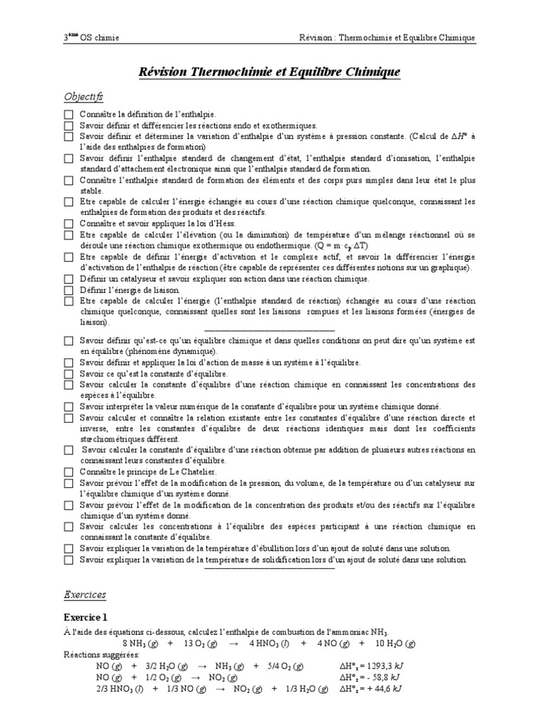 Révision Thermochimie et Équilibre Chimique | PDF | Enthalpie ...