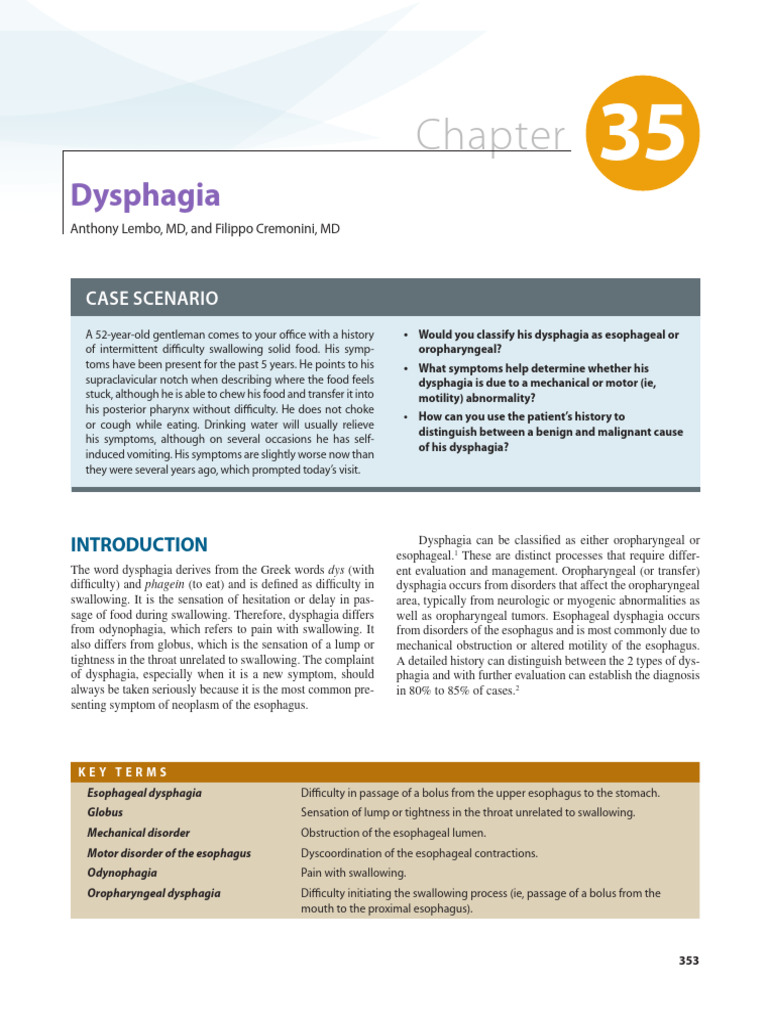 Dysphagia: History and Diagnosis Insights | PDF | Esophagus ...