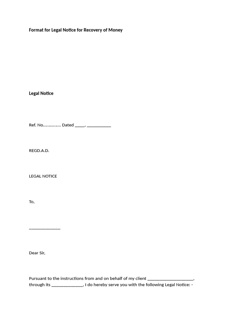 Format for Legal Notice for Recovery of Money | PDF | Common Law ...