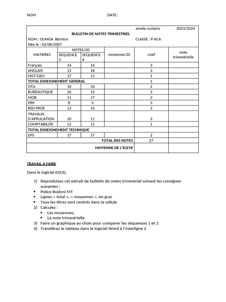 Bulletin de Notes Excel 2023/2024 | PDF