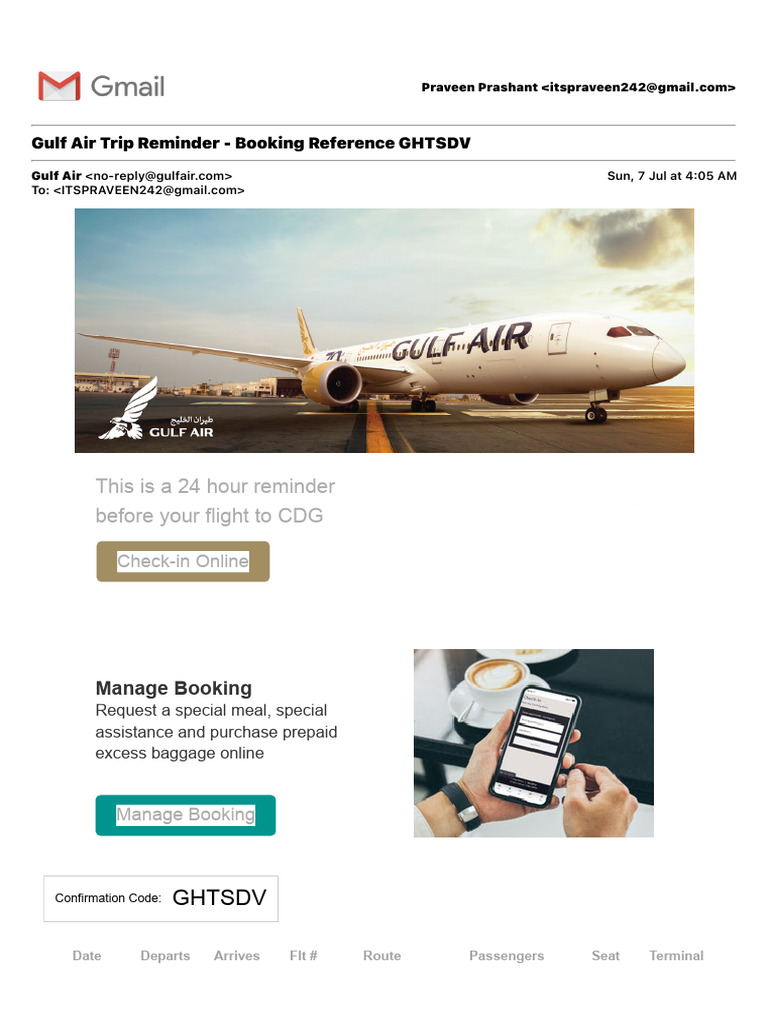 Gulf Air Flight Reminder: GF 135 Details | PDF