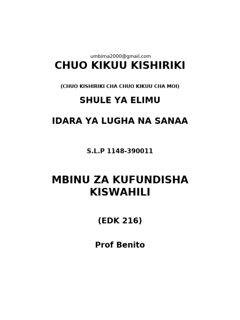 EDK 216 Mbinu Za Kufundishia Kiswahili Notes-1-1 | PDF