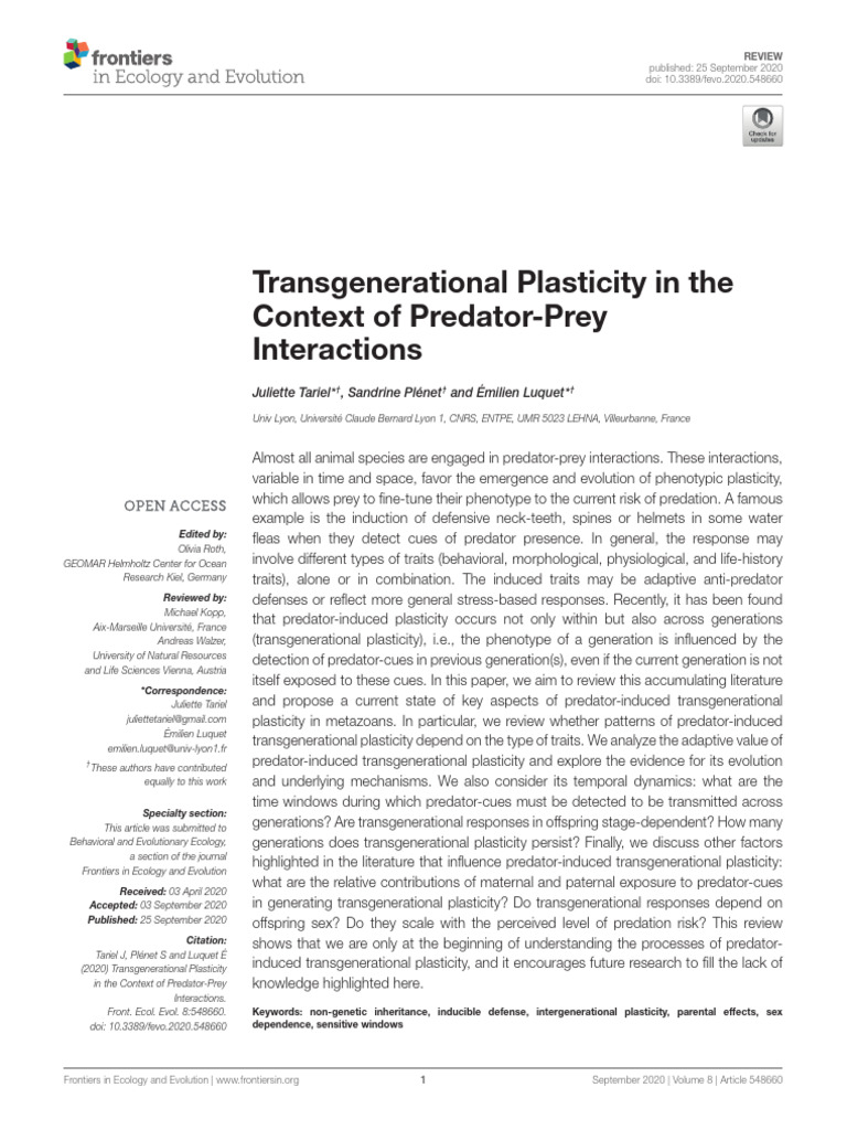Transgenerational Plasticity in Prey Defense | PDF | Predation | Evolution