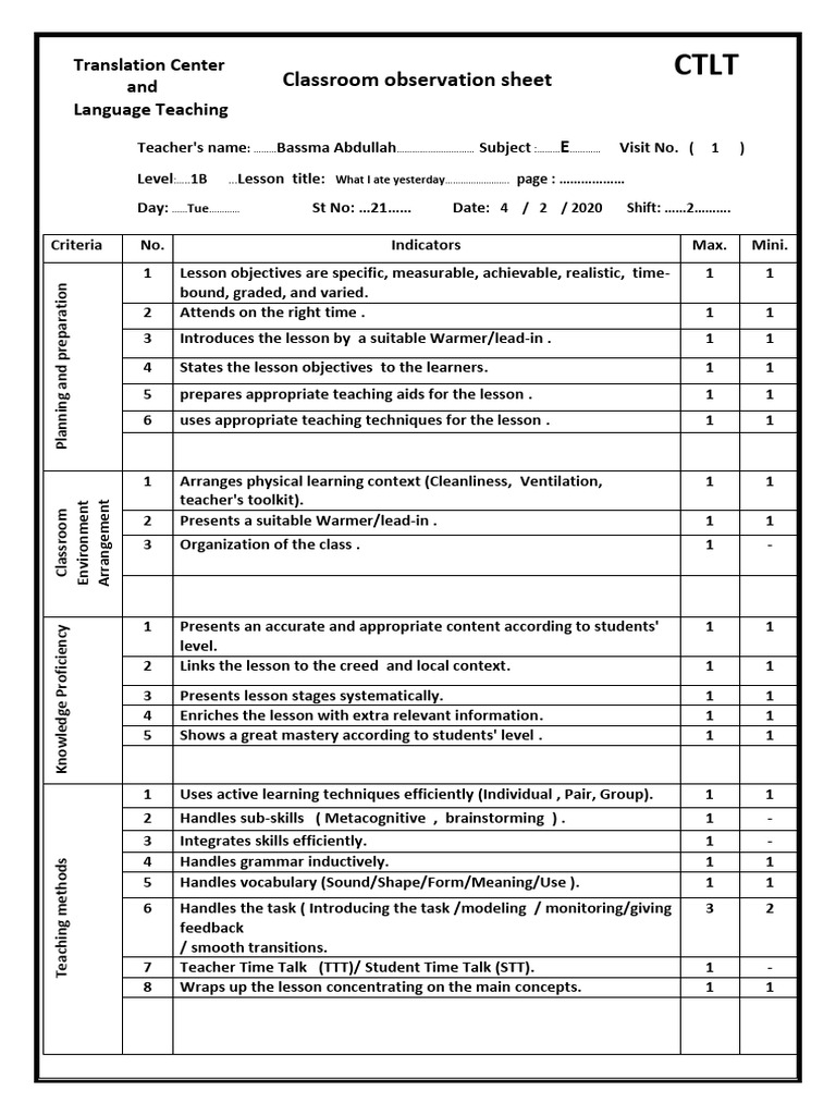 Classroom Observation Evaluation Sheet | PDF | Learning | Teachers