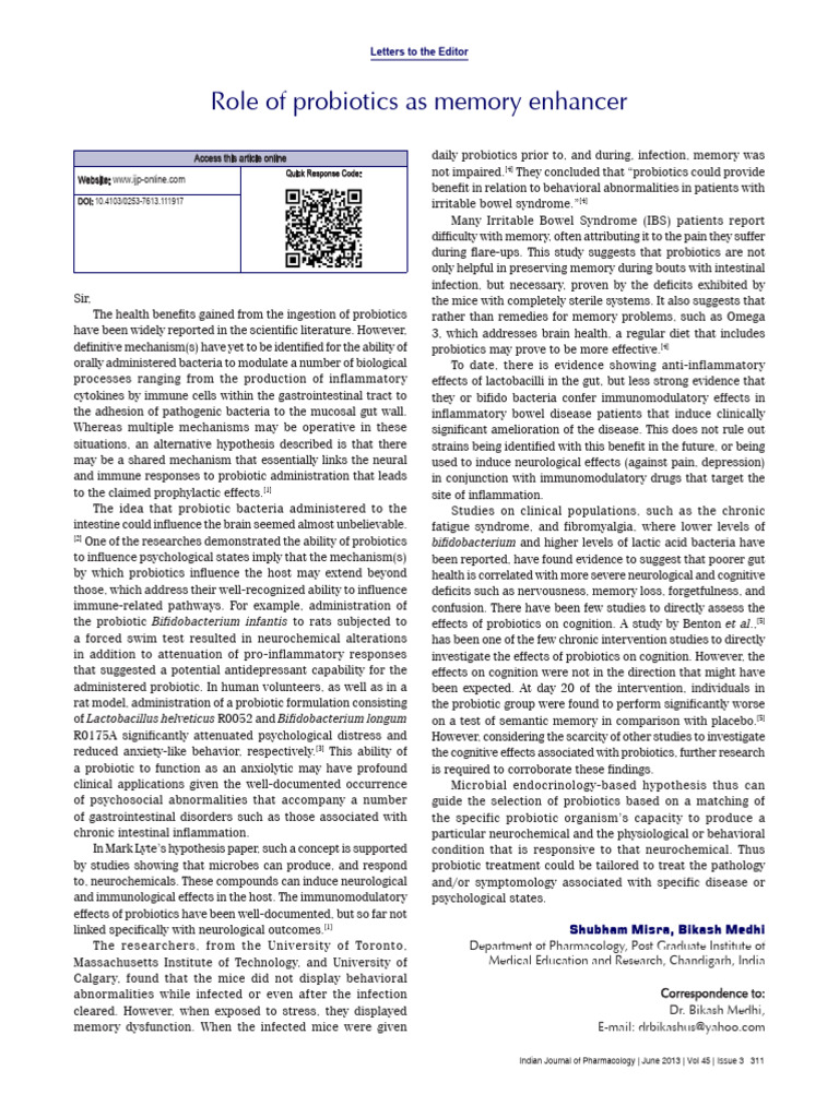 Role of Probiotics As Memory Enhancer.26 | PDF | Probiotic | Irritable ...