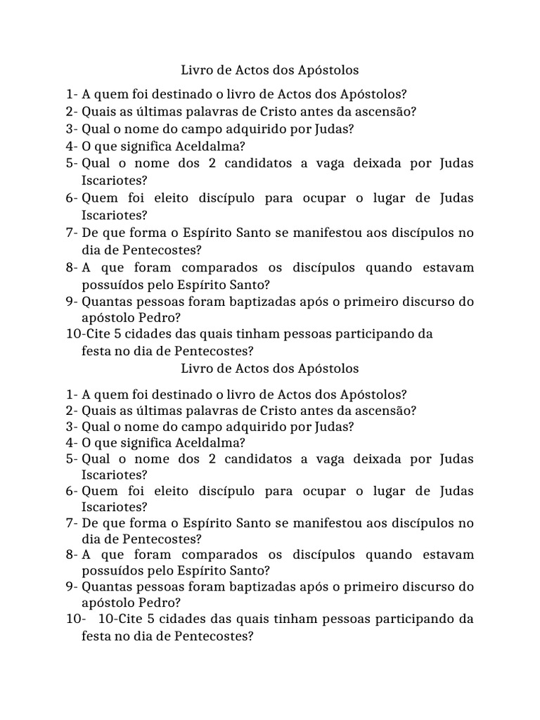 Perguntas sobre o Livro de Atos dos Apóstolos | PDF