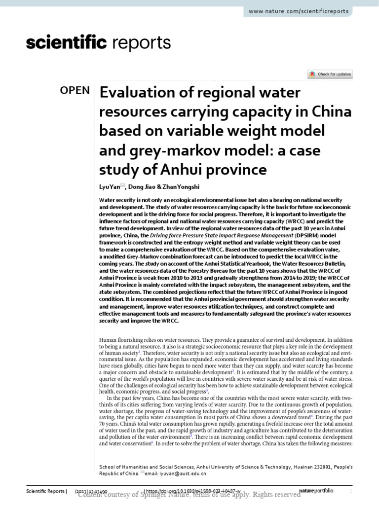Evaluation of Regional Water Resources Carrying CA | PDF | Water ...