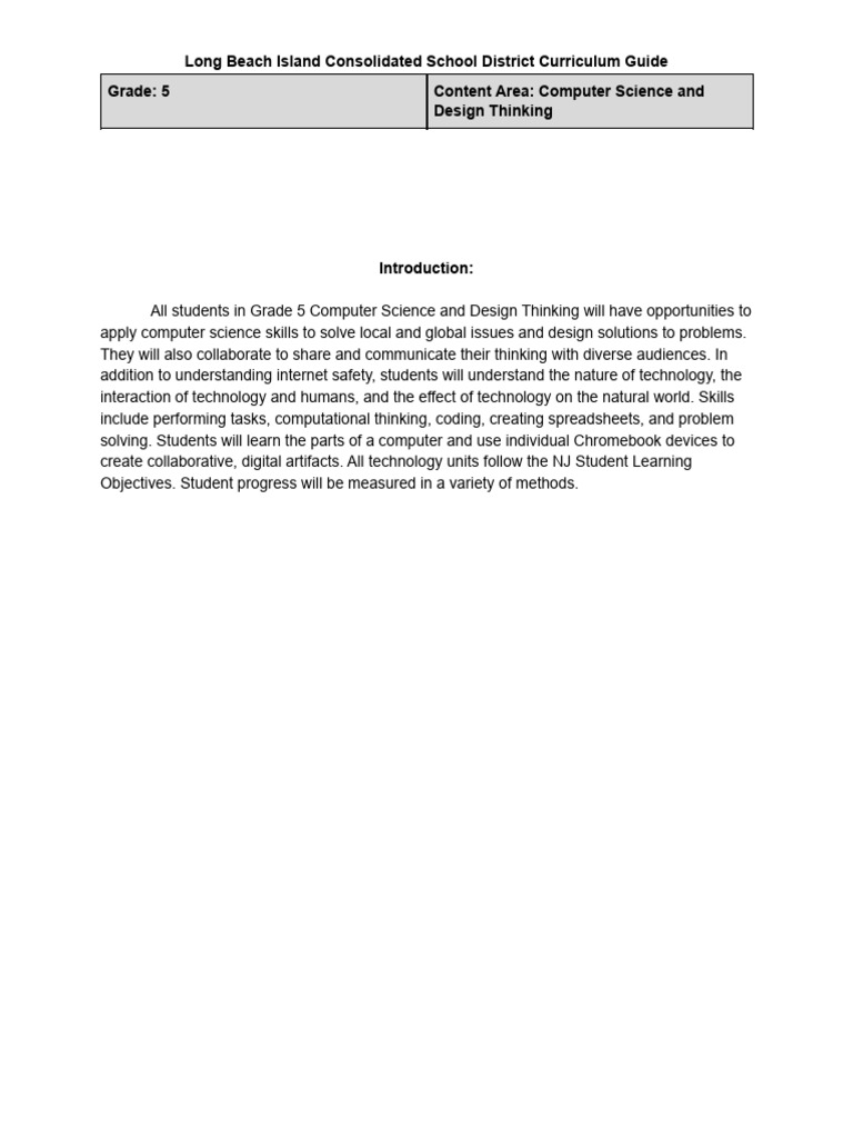 Computer Science And Design Thinking Grade 5 Curriculum Pdf