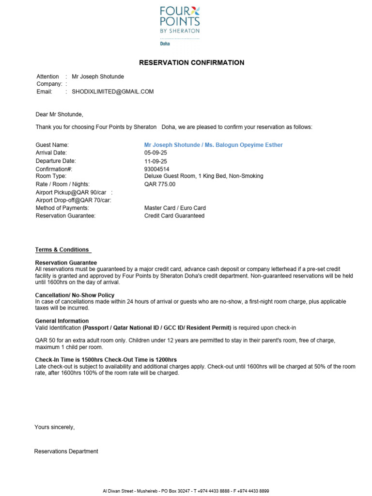 Booking Confirmation for Mr. Shotunde | PDF