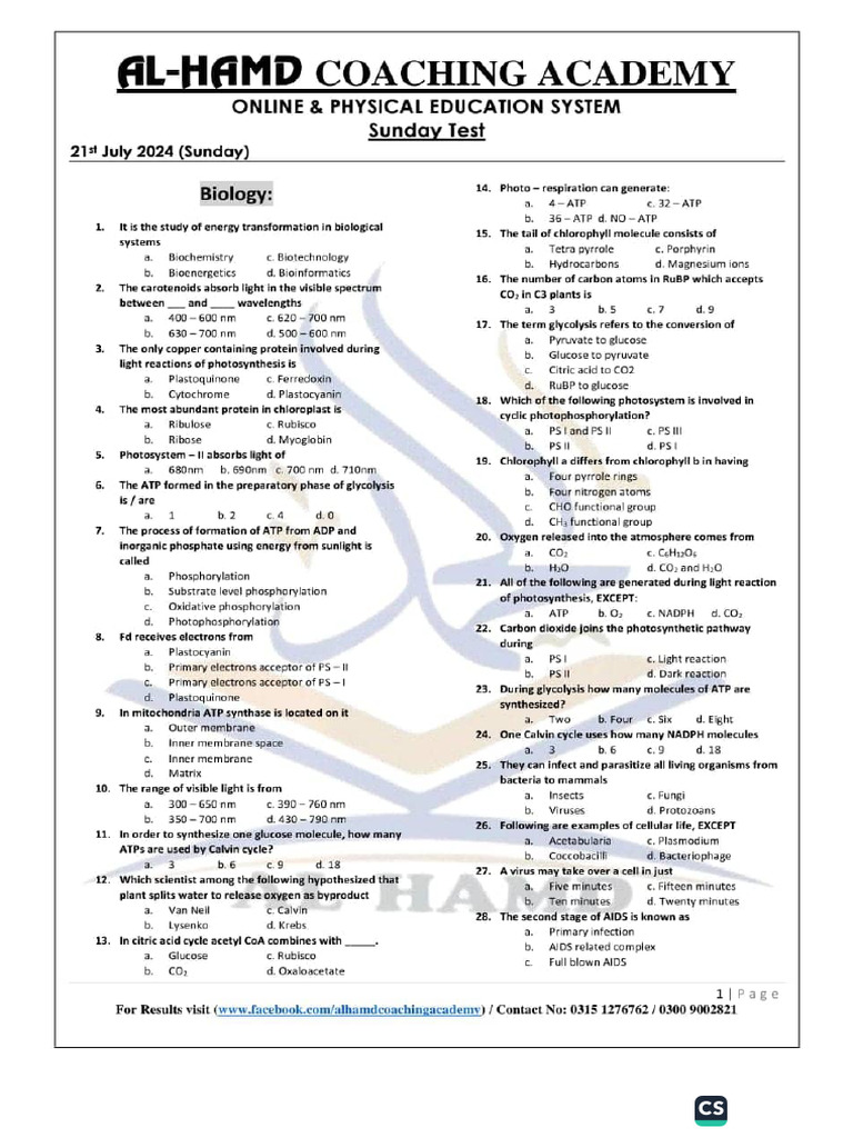 Al-Hamd Coaching Academy Sunday Test 21-07-24 by ??.????????? | PDF